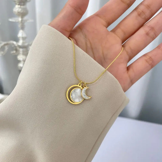 Women's 18K Gold-Plated Necklace w/ Zircon Moon and Crescent Pendant Charm